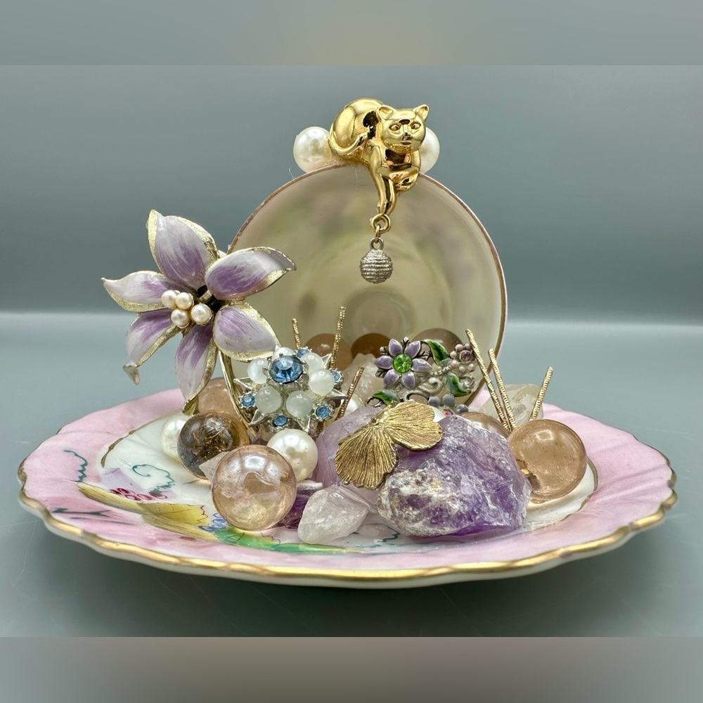 Hand Crafted Mini Vintage Teacup Spill Sculpture – 4x3” Romantic Assemblage